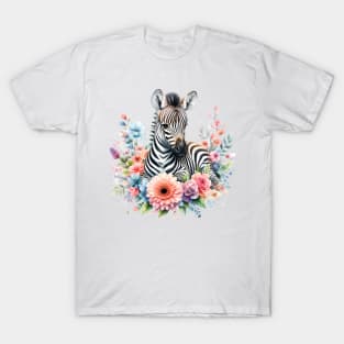 A zebra decorated with beautiful colorful flowers. T-Shirt